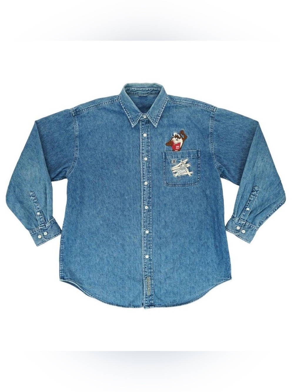 Vintage 1999 Warner Bros Taz the Tasmanian Devil embroidered denim button S